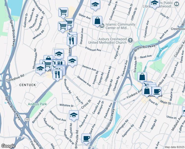 map of restaurants, bars, coffee shops, grocery stores, and more near 69 Iroquois Road in Yonkers