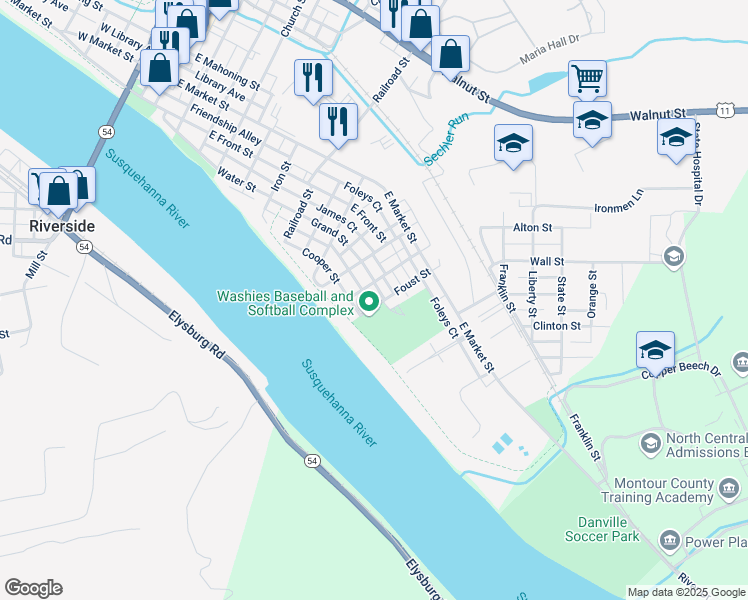 map of restaurants, bars, coffee shops, grocery stores, and more near 43 Foust Street in Danville
