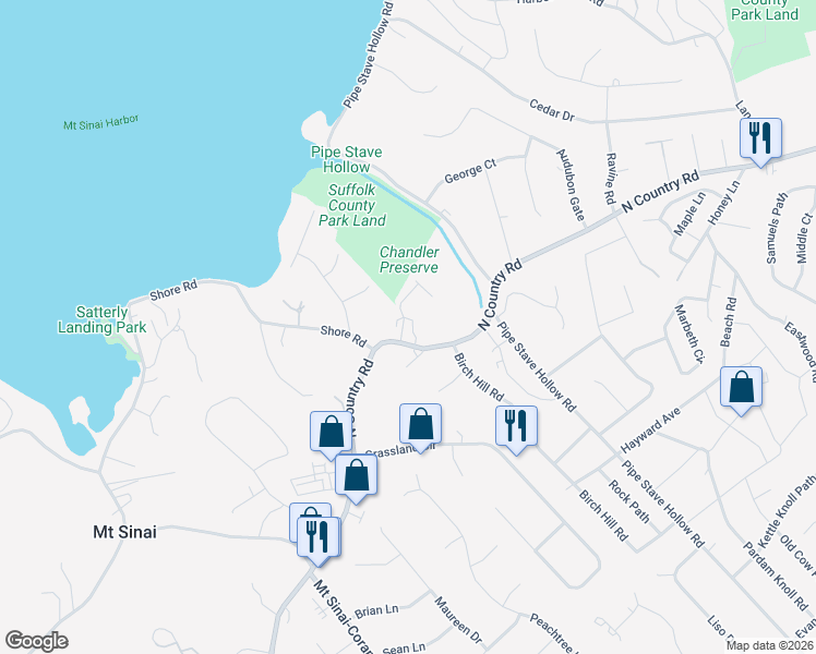 map of restaurants, bars, coffee shops, grocery stores, and more near 233 North Country Road in Mount Sinai