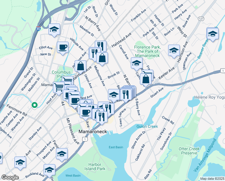 map of restaurants, bars, coffee shops, grocery stores, and more near 510 Pine Street in Mamaroneck