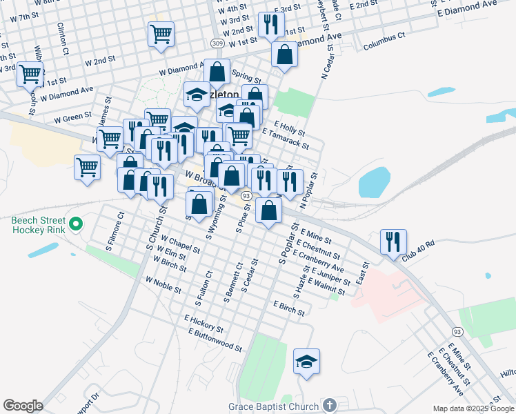 map of restaurants, bars, coffee shops, grocery stores, and more near 116 East Broad Street in Hazleton