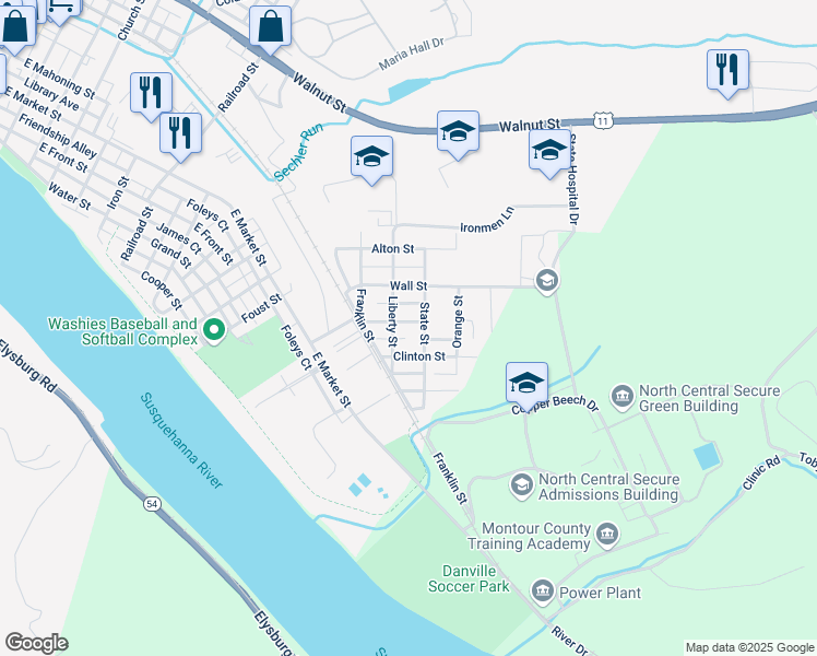map of restaurants, bars, coffee shops, grocery stores, and more near 634 Fulton Street in Danville