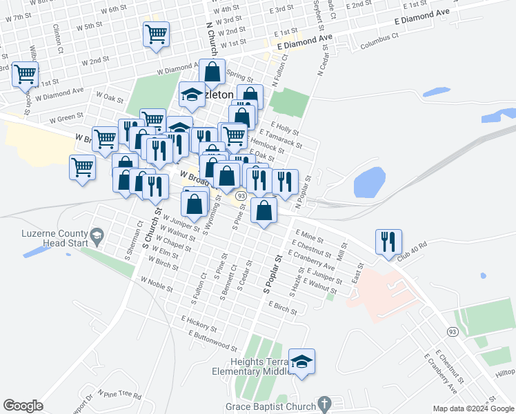 map of restaurants, bars, coffee shops, grocery stores, and more near 126 East Broad Street in Hazleton