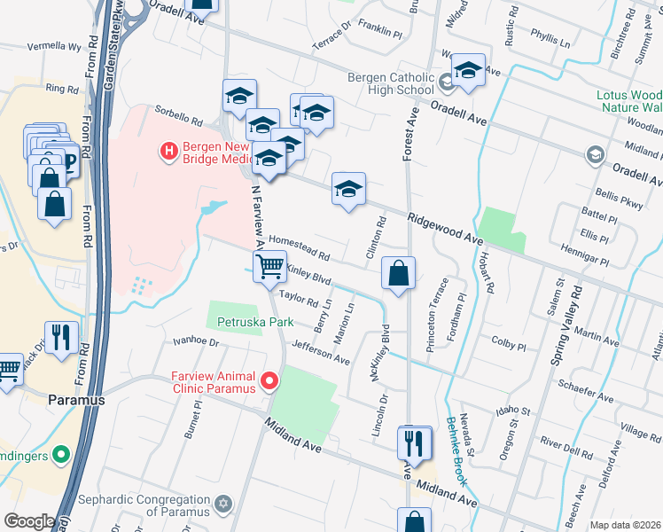 map of restaurants, bars, coffee shops, grocery stores, and more near 230 Homestead Road in Paramus