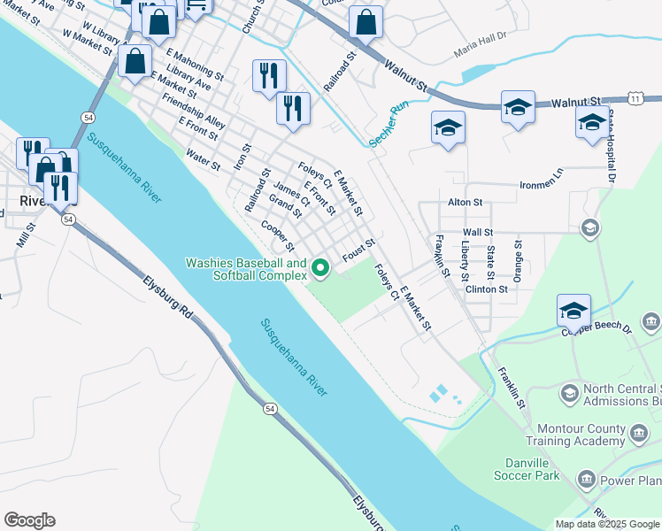 map of restaurants, bars, coffee shops, grocery stores, and more near 996 Grand Street in Danville