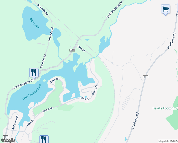 map of restaurants, bars, coffee shops, grocery stores, and more near 225 Lake Drive in Stanhope