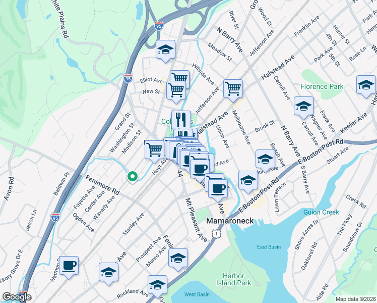 map of restaurants, bars, coffee shops, grocery stores, and more near 433 Mamaroneck Avenue in Mamaroneck