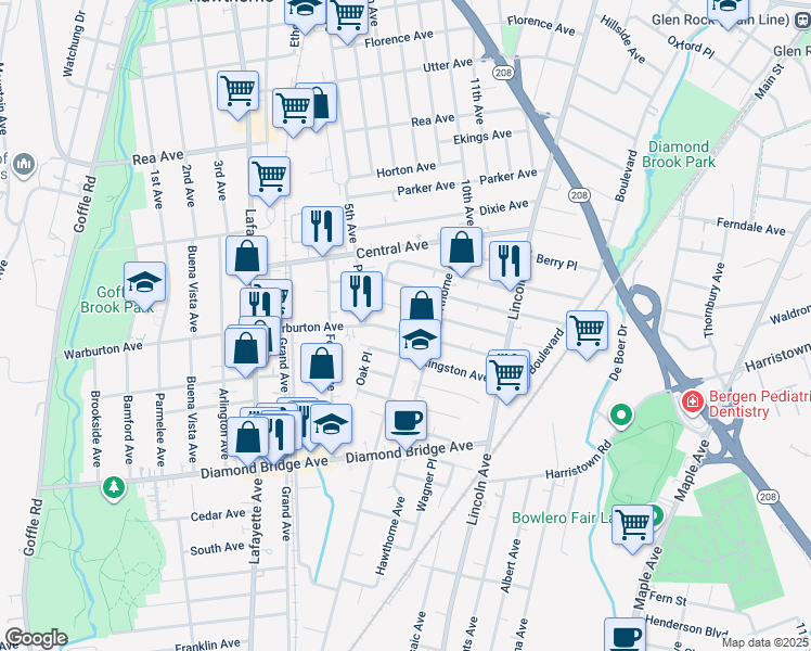 map of restaurants, bars, coffee shops, grocery stores, and more near 301 Warburton Avenue in Hawthorne