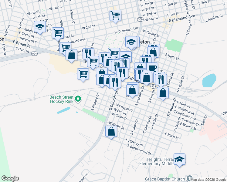 map of restaurants, bars, coffee shops, grocery stores, and more near 70 South Church Street in Hazleton