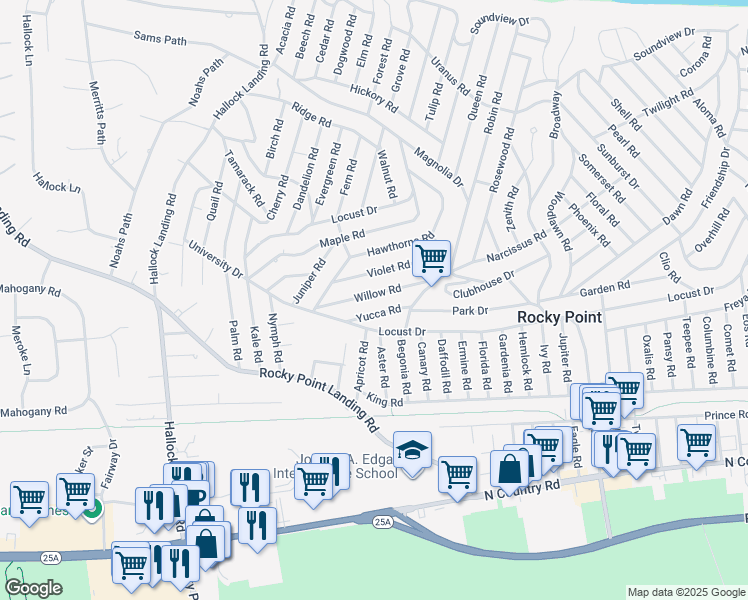 map of restaurants, bars, coffee shops, grocery stores, and more near 23 Yucca Road in Rocky Point