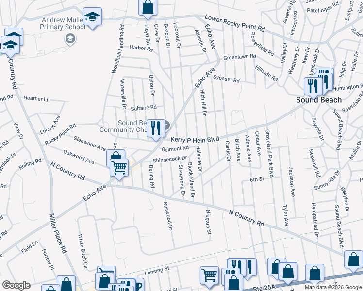 map of restaurants, bars, coffee shops, grocery stores, and more near 8 Belmont Road in Sound Beach