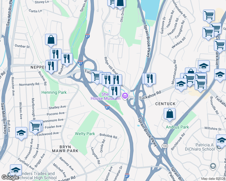map of restaurants, bars, coffee shops, grocery stores, and more near 340 Tuckahoe Road in Yonkers