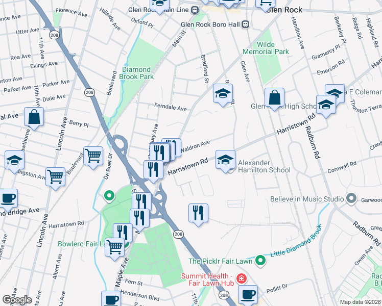 map of restaurants, bars, coffee shops, grocery stores, and more near 14 Waldron Avenue in Glen Rock