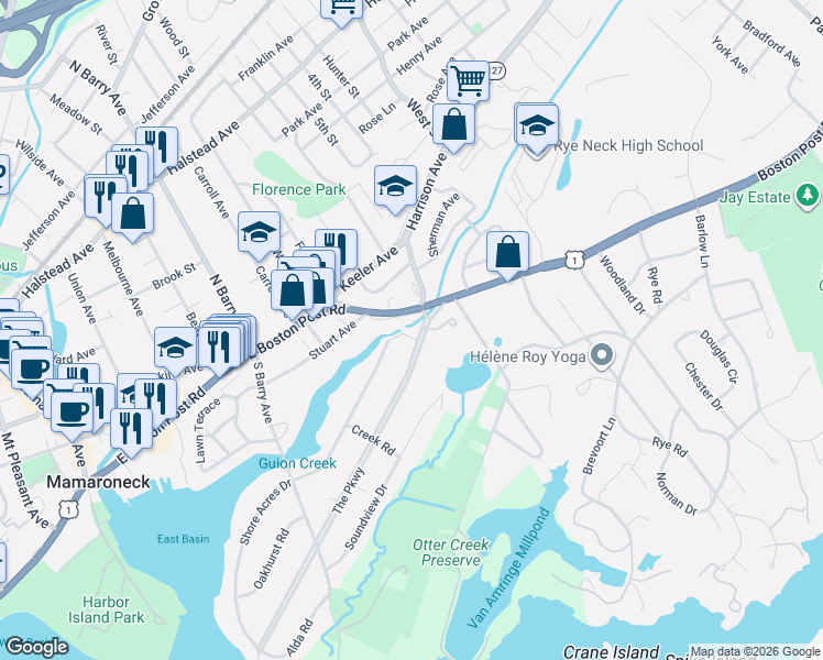map of restaurants, bars, coffee shops, grocery stores, and more near 1032 The Parkway in Mamaroneck