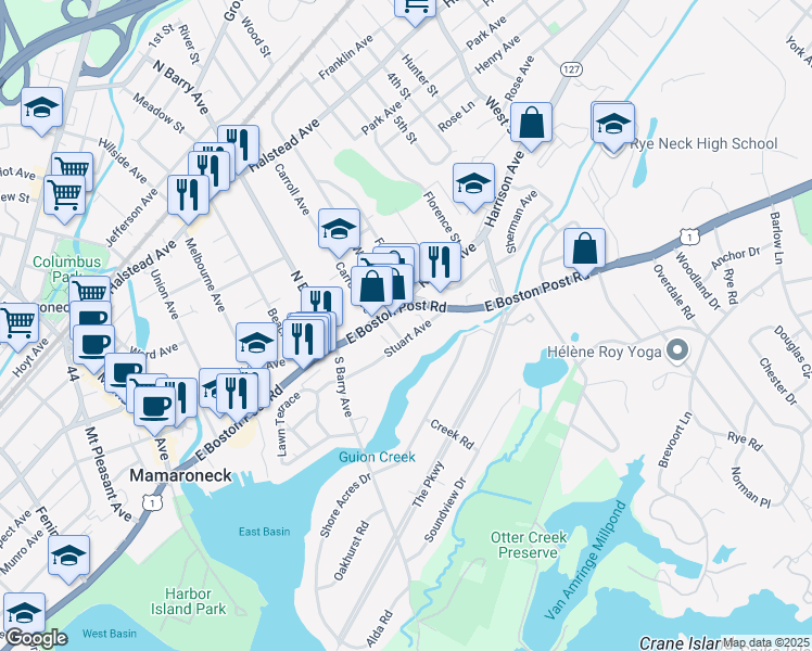 map of restaurants, bars, coffee shops, grocery stores, and more near 910 Stuart Avenue in Mamaroneck