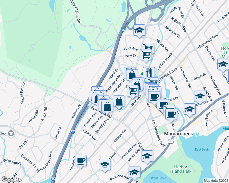 map of restaurants, bars, coffee shops, grocery stores, and more near 238 Madison Street in Mamaroneck