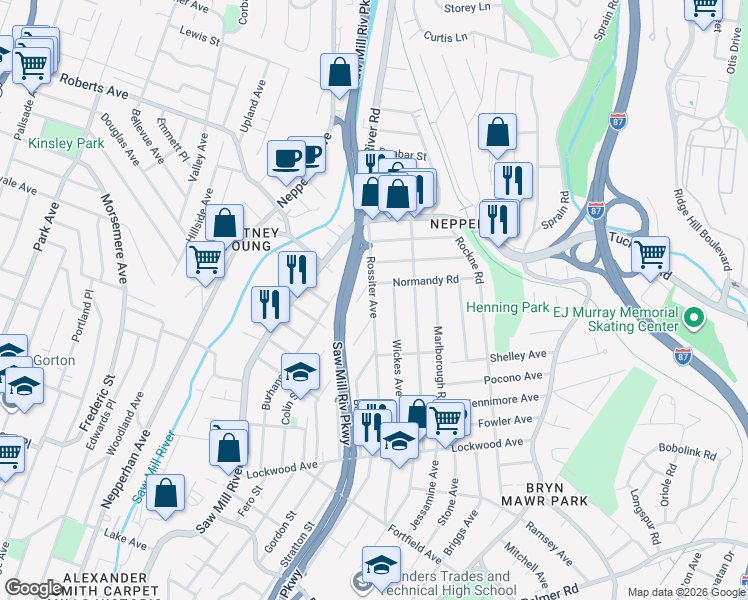 map of restaurants, bars, coffee shops, grocery stores, and more near 134 Rossiter Avenue in Yonkers