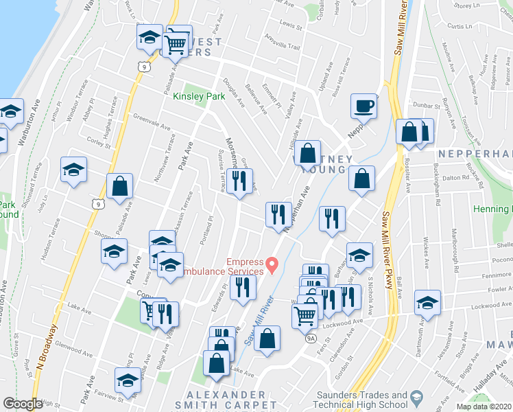 map of restaurants, bars, coffee shops, grocery stores, and more near 51 Montague Street in Yonkers