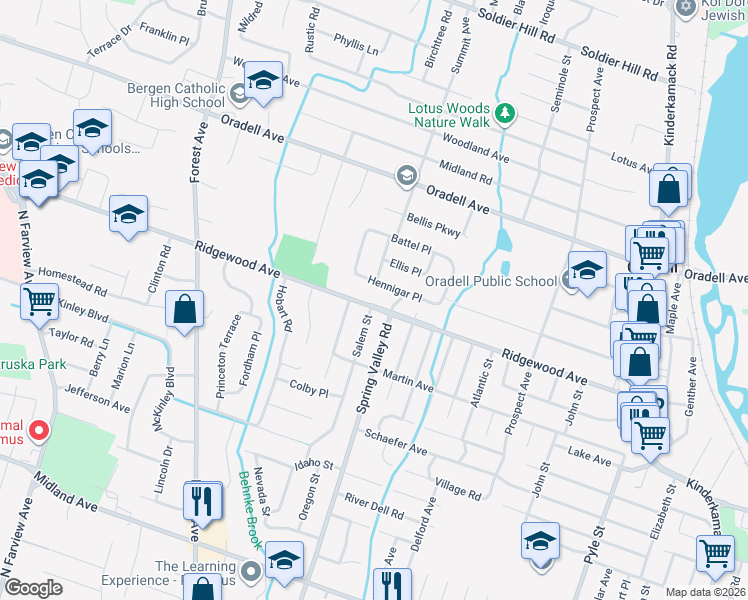 map of restaurants, bars, coffee shops, grocery stores, and more near 840 East Ridgewood Avenue in Oradell