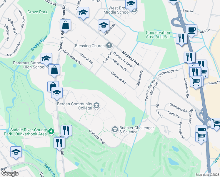 map of restaurants, bars, coffee shops, grocery stores, and more near 144 Morningside Road in Paramus