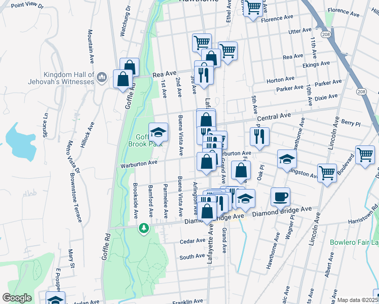 map of restaurants, bars, coffee shops, grocery stores, and more near 120 Arlington Avenue in Hawthorne