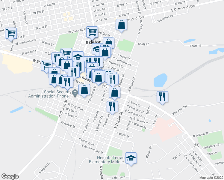 map of restaurants, bars, coffee shops, grocery stores, and more near 124 East Broad Street in Hazleton