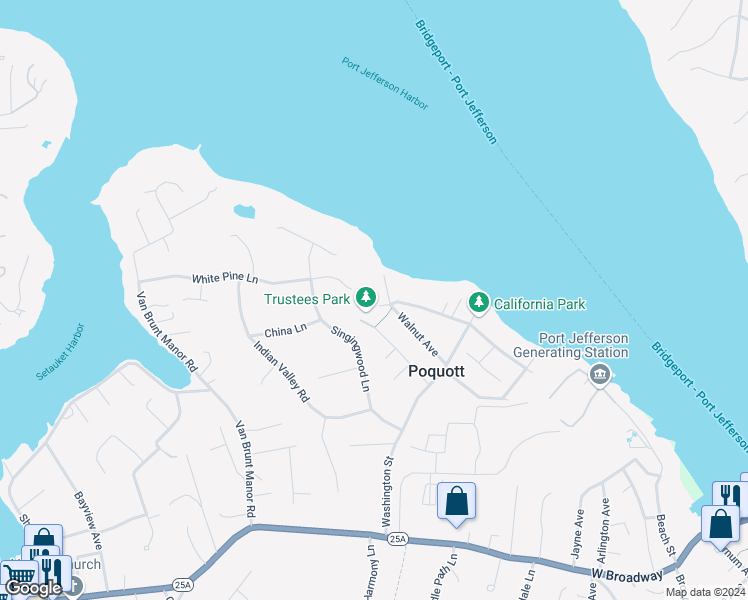 map of restaurants, bars, coffee shops, grocery stores, and more near 1 Oak Street in Setauket- East Setauket