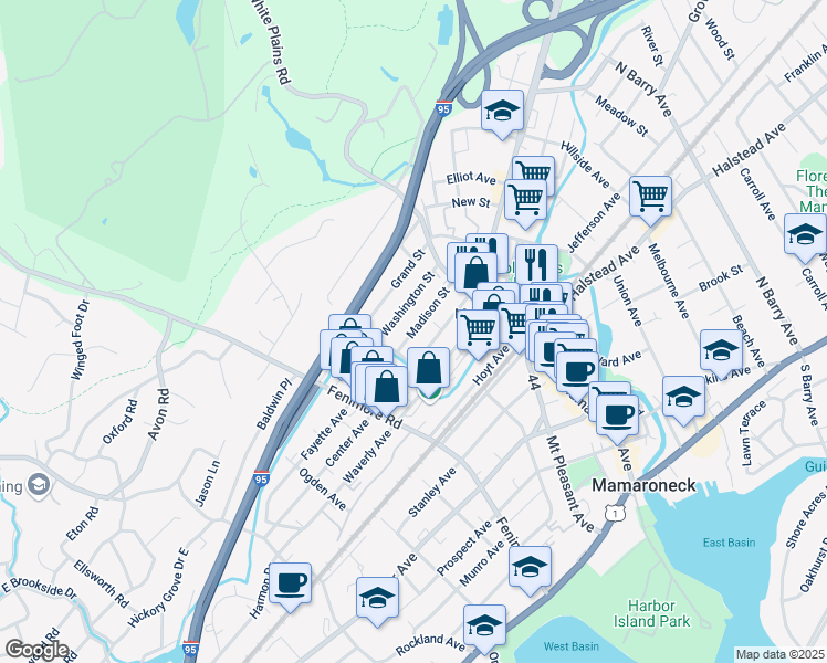 map of restaurants, bars, coffee shops, grocery stores, and more near 238 Madison Street in Mamaroneck