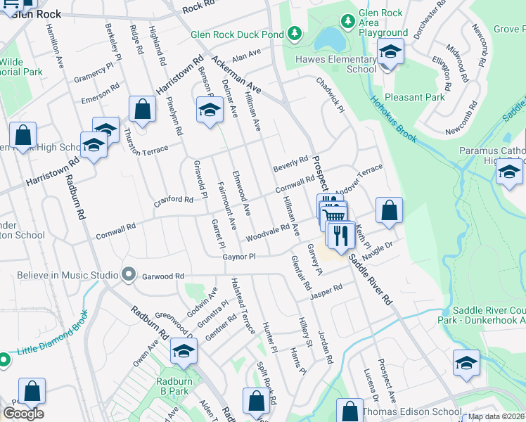 map of restaurants, bars, coffee shops, grocery stores, and more near 194 Delmar Avenue in Glen Rock