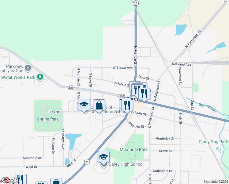 map of restaurants, bars, coffee shops, grocery stores, and more near 218 West Findlay Street in Carey