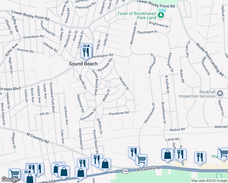 map of restaurants, bars, coffee shops, grocery stores, and more near 36 Sayville Road in Sound Beach