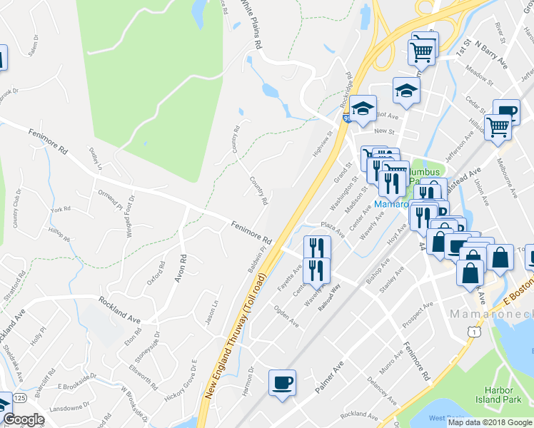 map of restaurants, bars, coffee shops, grocery stores, and more near 7 Country Road in Mamaroneck