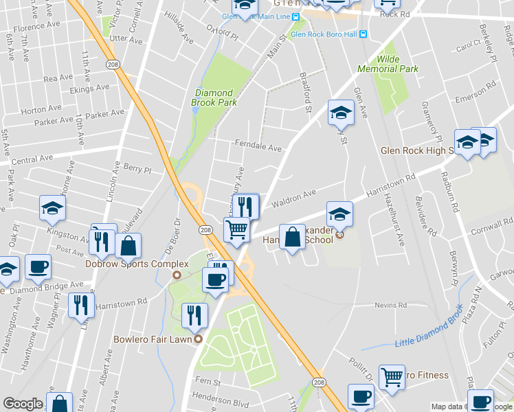 map of restaurants, bars, coffee shops, grocery stores, and more near 974 Maple Avenue in Glen Rock