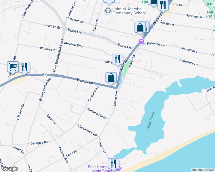 map of restaurants, bars, coffee shops, grocery stores, and more near 26 Montauk Highway in East Hampton
