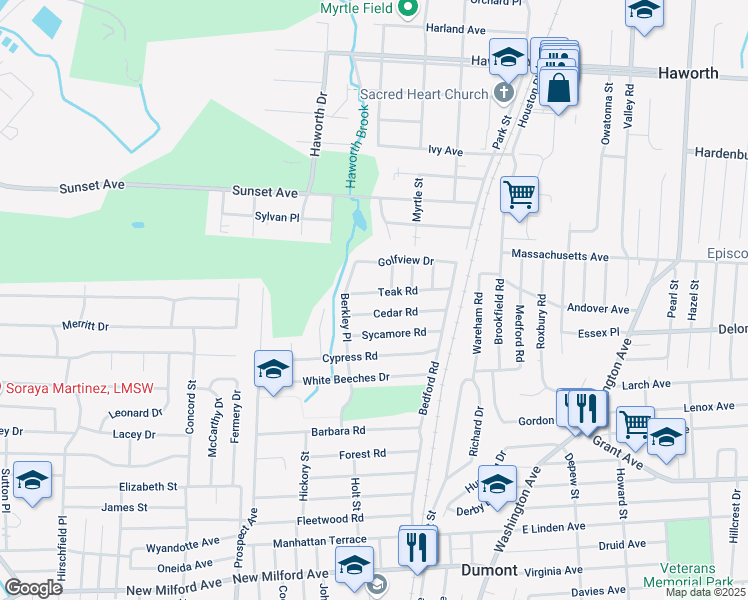 map of restaurants, bars, coffee shops, grocery stores, and more near 50 Cedar Road in Dumont