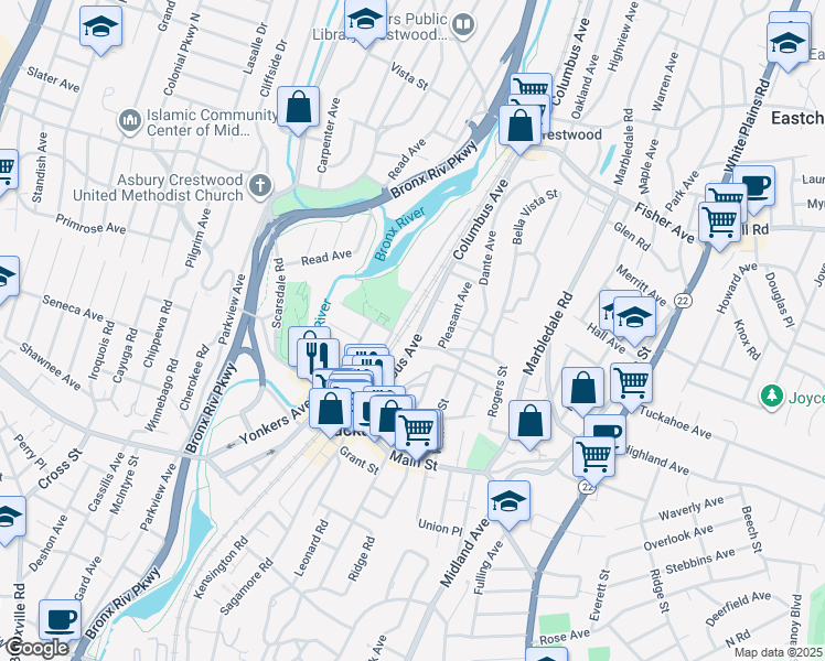 map of restaurants, bars, coffee shops, grocery stores, and more near 111 Columbus Avenue in Tuckahoe