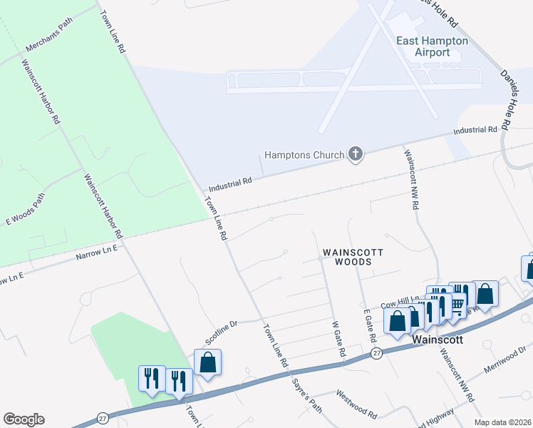 map of restaurants, bars, coffee shops, grocery stores, and more near 9 Debras Way in Wainscott