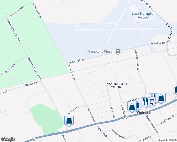 map of restaurants, bars, coffee shops, grocery stores, and more near 9 Debras Way in Wainscott