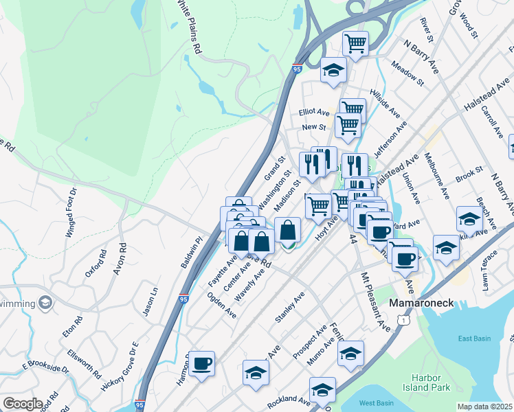map of restaurants, bars, coffee shops, grocery stores, and more near 271 Washington Street in Mamaroneck