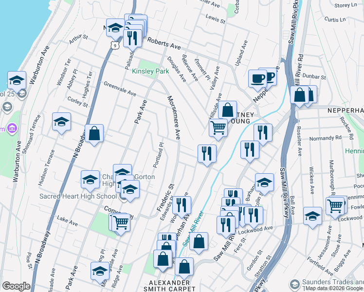 map of restaurants, bars, coffee shops, grocery stores, and more near 51 Montague Street in Yonkers