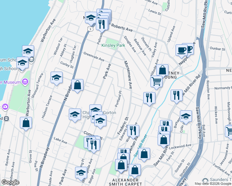 map of restaurants, bars, coffee shops, grocery stores, and more near 8 Eastview Avenue in Yonkers