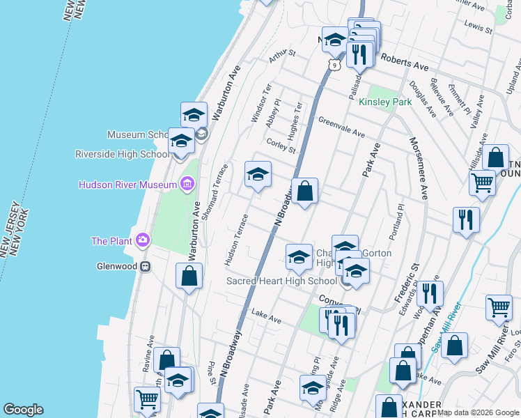 map of restaurants, bars, coffee shops, grocery stores, and more near 9 Kingman Terrace in Yonkers