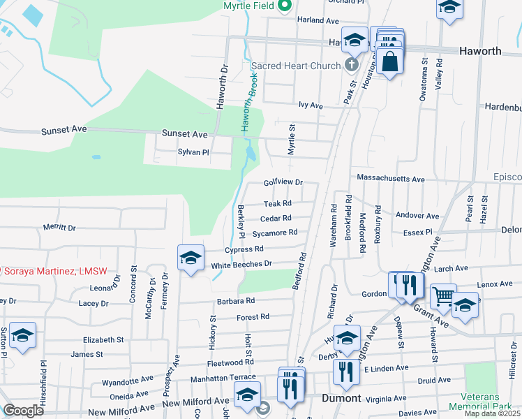 map of restaurants, bars, coffee shops, grocery stores, and more near 50 Cedar Road in Dumont