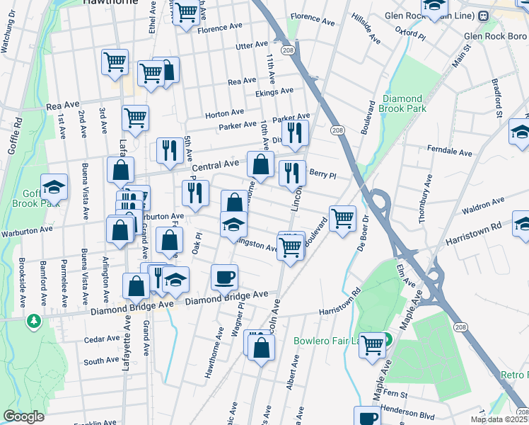 map of restaurants, bars, coffee shops, grocery stores, and more near 110 Mawhinney Avenue in Hawthorne