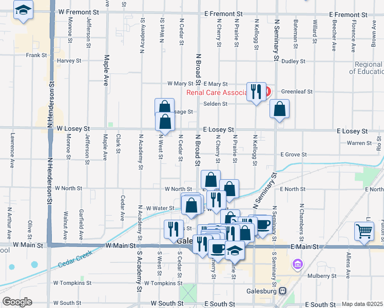 map of restaurants, bars, coffee shops, grocery stores, and more near 481 North Cedar Street in Galesburg
