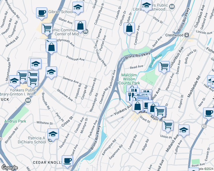 map of restaurants, bars, coffee shops, grocery stores, and more near 59 Cherokee Road in Yonkers