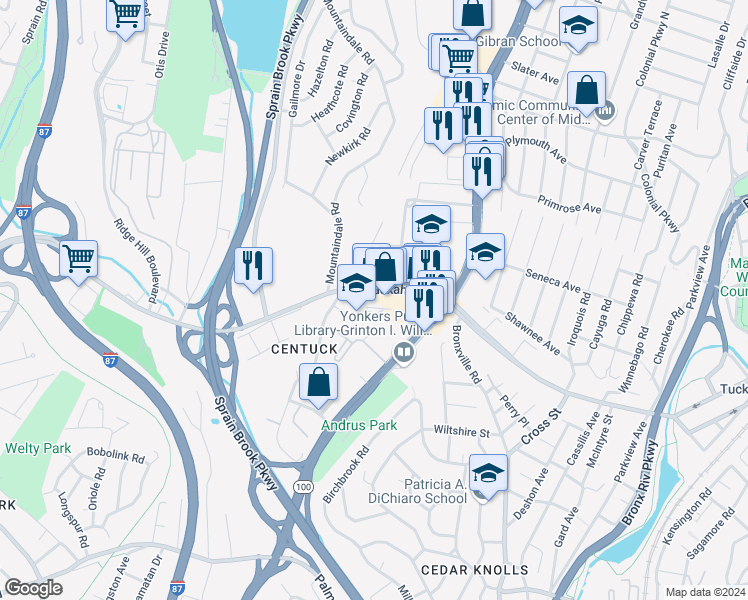 map of restaurants, bars, coffee shops, grocery stores, and more near 5 Ravenswood Road in Yonkers