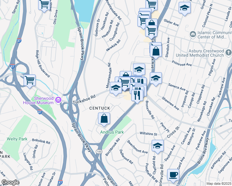 map of restaurants, bars, coffee shops, grocery stores, and more near 5 Ravenswood Road in Yonkers