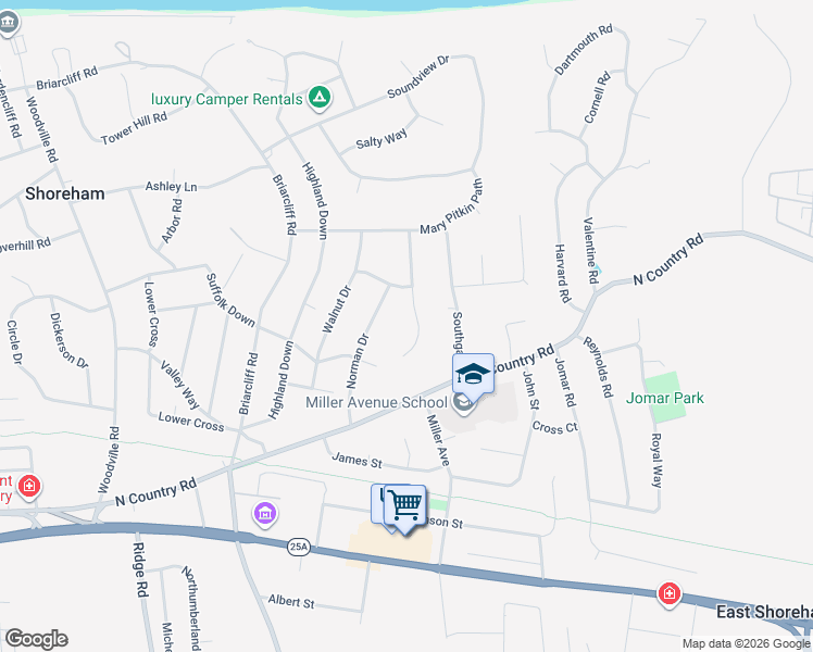 map of restaurants, bars, coffee shops, grocery stores, and more near 14 Josephine Boulevard in Shoreham