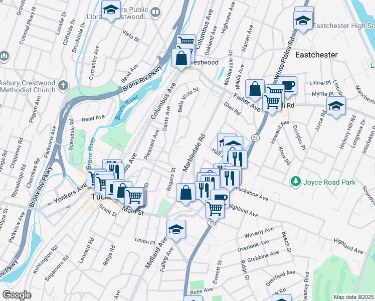 map of restaurants, bars, coffee shops, grocery stores, and more near 109 Marbledale Road in Tuckahoe